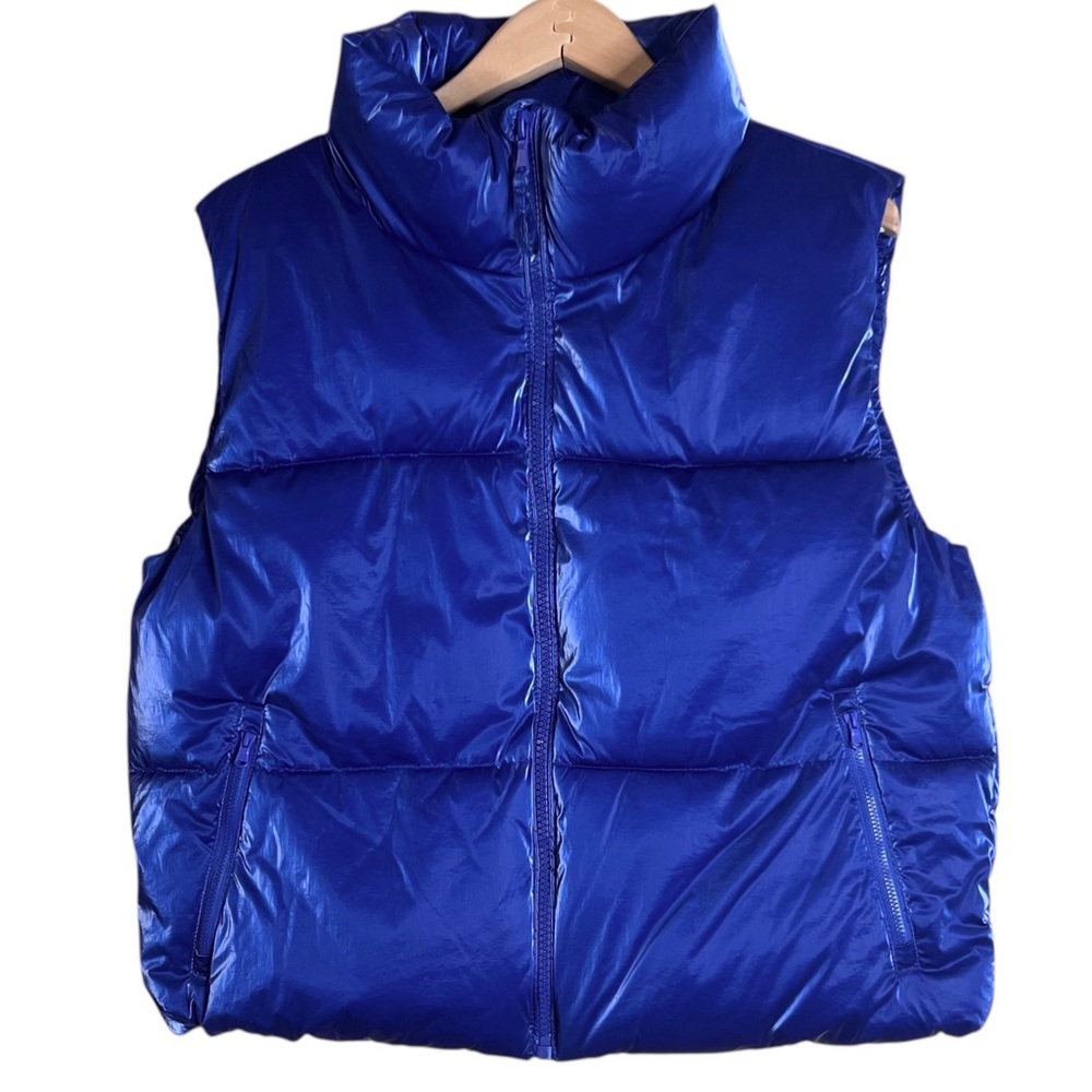 Old Navy Shiny Puffer Vest L Catalyst Blue Water-Resistant Quilted Retro Granola